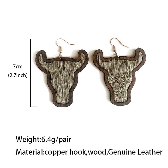 Wholesale Retro genuine leather earrings Western cow head leopard print horse hair inlaid wooden earrings