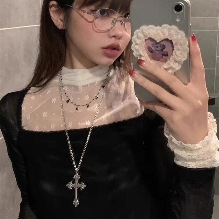 Wholesale Rose Cross Necklace silver Large Cross Carved Necklace Woolen Chain