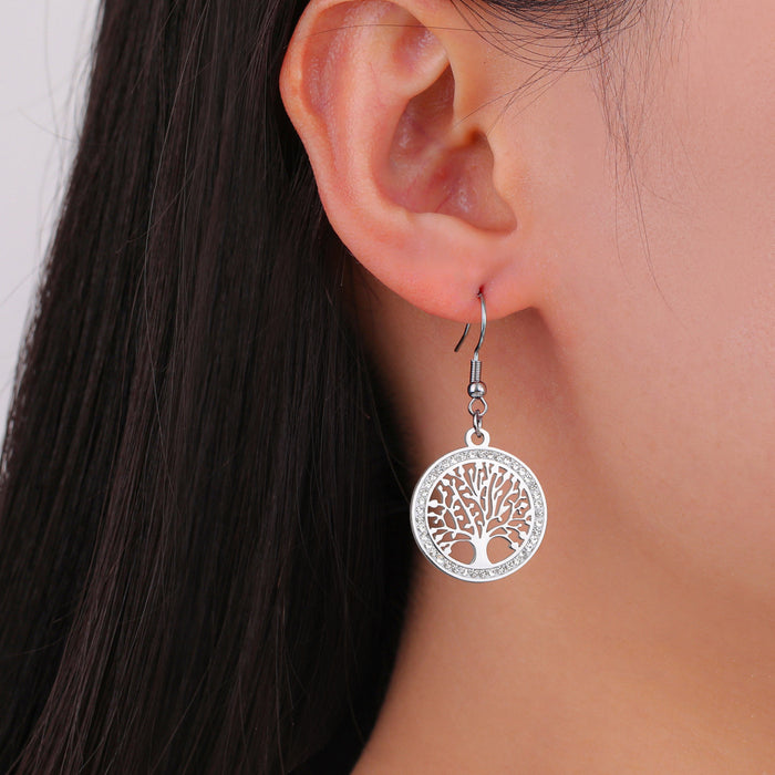 Wholesale Diamond-studded tree round pendant earrings stainless steel women's jewelry