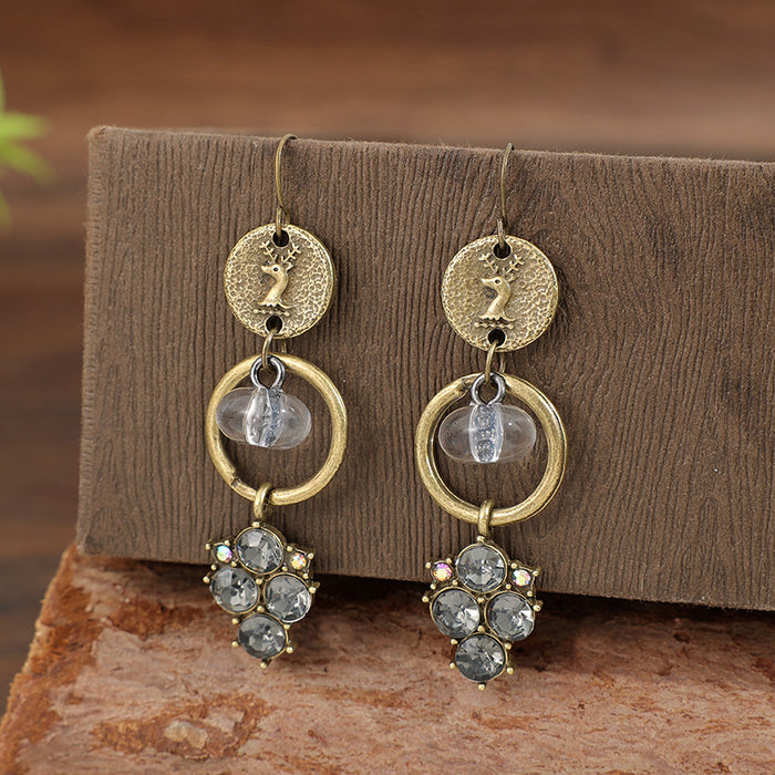 Wholesale Retro style geometric splicing long style antique alloy earrings carved deer head earrings