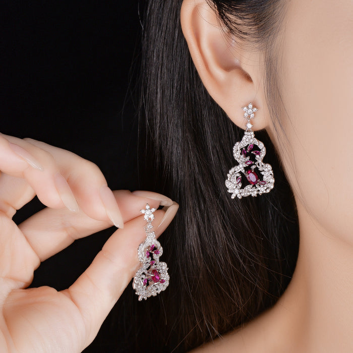 Wholesale Retro Hollow Pattern Color Diamond Ruyi Gourd Earrings Jewelry