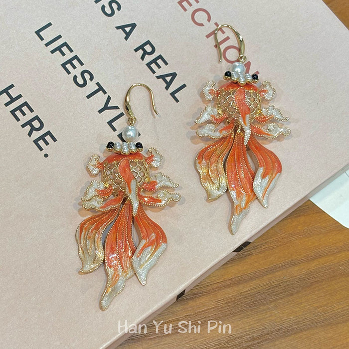 Wholesale Enamel Oil-Drip Goldfish Tassel Earrings