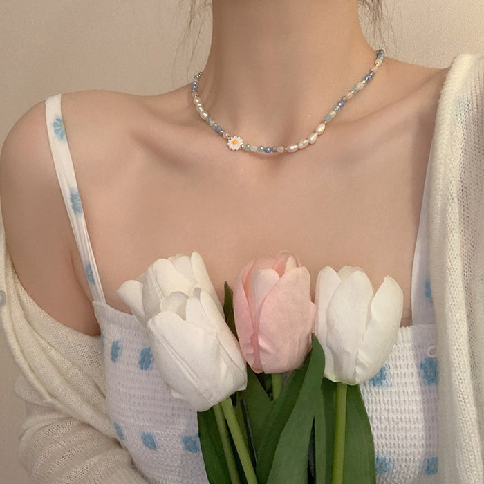 Wholesale Color Daisy Flower Necklace Pearl Women  Clavicle Chain Design Neck Chain Bracelet
