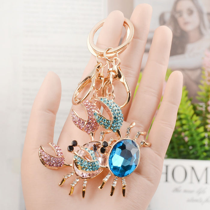 Wholesale Rhinestone Crab Keychain Cute Pink Metal Car Key Accessory Bag Charm Boutique Gift MOQ:3