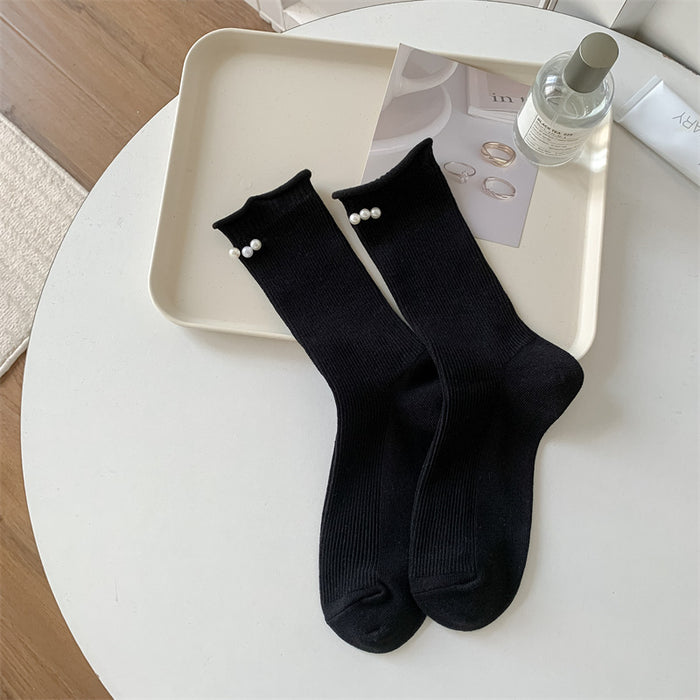 Wholesale Socks Double Needle Solid Color Curled Edge Stacked Socks Middle Tube Socks