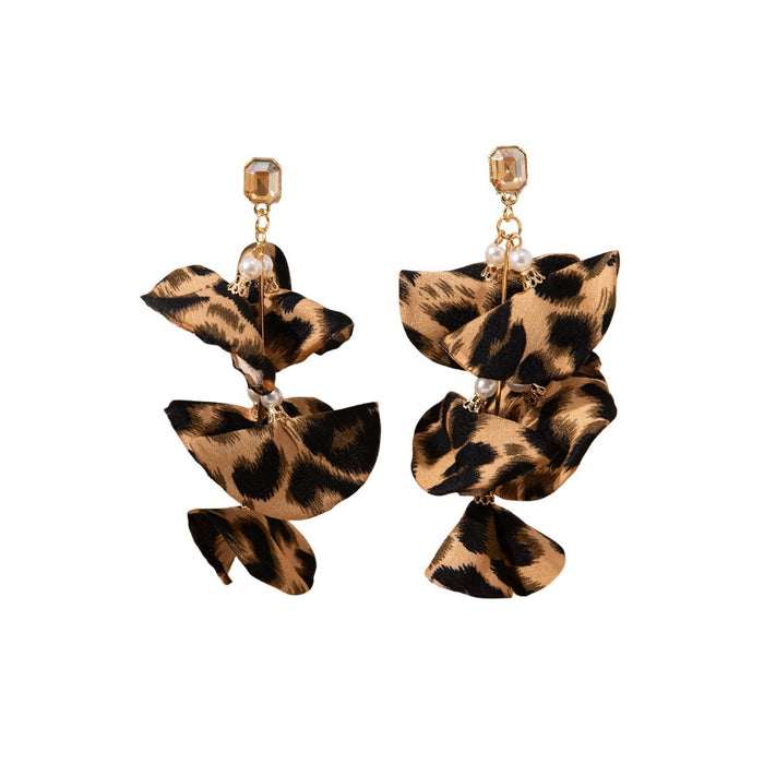 Wholesale Tassel multi-layer fabric leopard print flower earrings retro European and American style petal earrings niche design velvet flower earrings