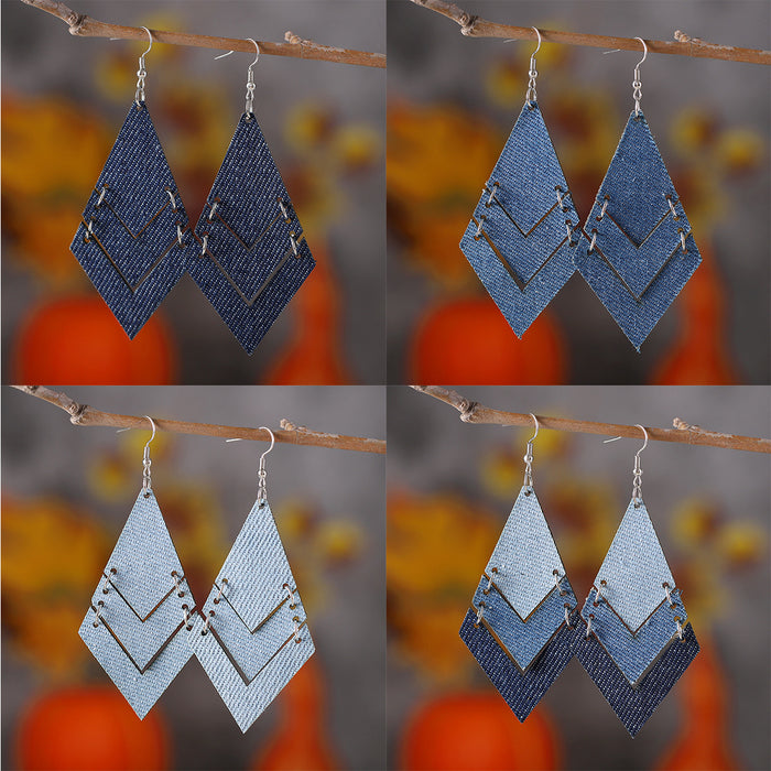 Wholesale Gradient blue denim geometric triple ing earrings Western Bohemian denim leather earrings