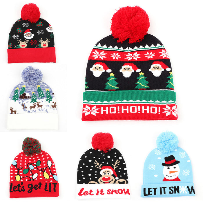 Wholesale Warm jacquard wool hat with cuffs and balls Christmas hat with elk earmuffs