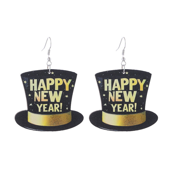 Wholesale New Year Celebration Wooden Earrings Happy New Year Letter Splicing Earrings
