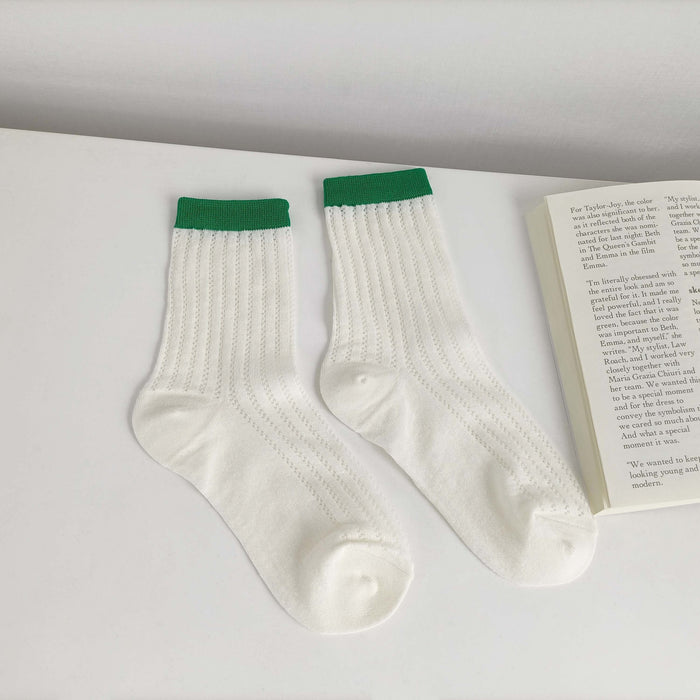 Wholesale Thin breathable cotton socks with hollowed out mesh eyes, tube socks, color blocked pile socks