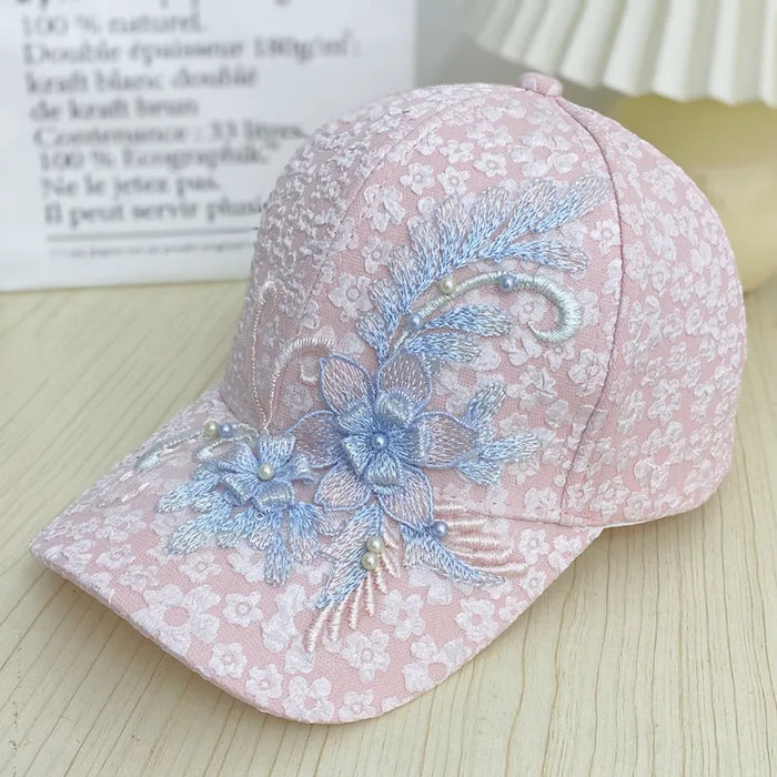 Wholesale Floral baseball cap, lace nail bead flower sunscreen hat, sunshade and breathable