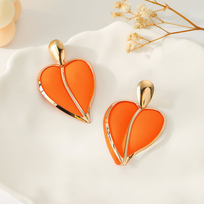 Wholesale New fashionable and versatile design, colorful spray painted heart-shaped water droplet double-layer earrings
