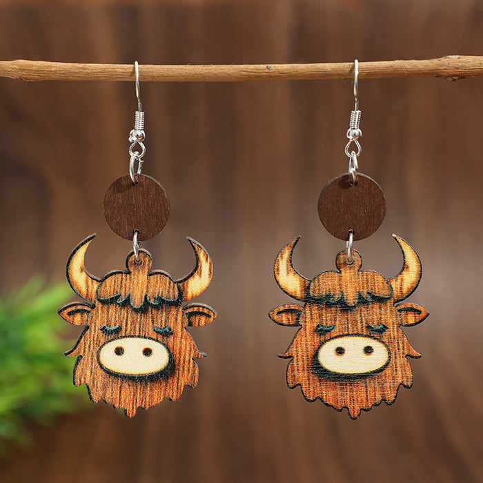 Wholesale Ox-Head Mountain Ox Personality Pendant Earrings — Double-Sided Wooden Jewelry