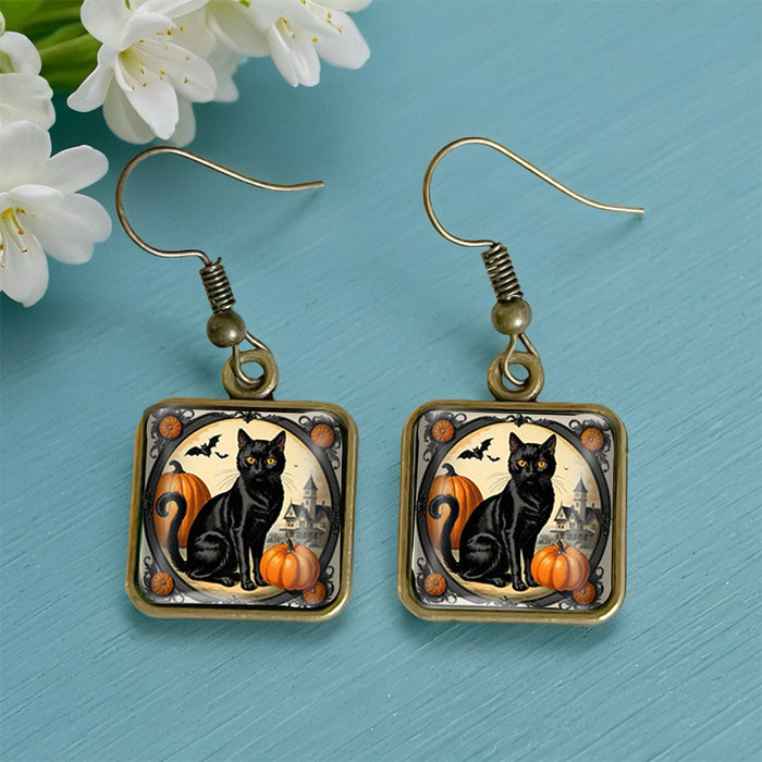 Wholesale  Black Cat Pumpkin Autumn Vintage Copper Square Time Gem Crystal Glass Earrings