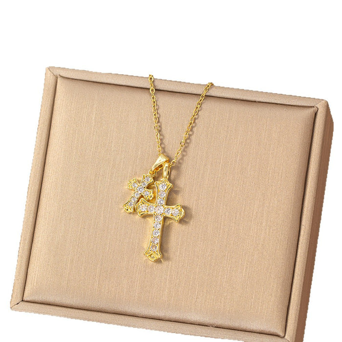 Wholesale Stylish Titanium Steel Double Cross Necklace Gold Plated Zircon Inlaid Boutique Jewelry Accessory MOQ≥2