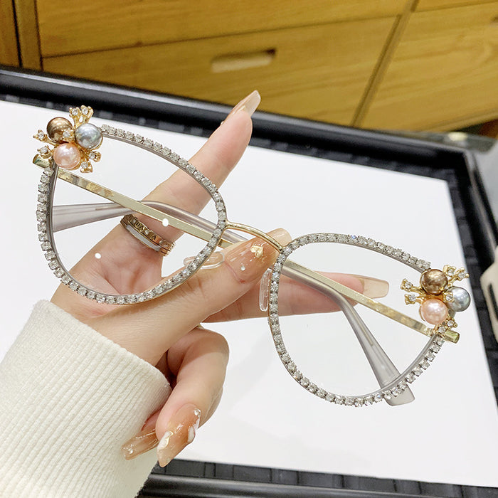 Wholesale Flat lens anti blue light large frame inlaid with diamonds and pearls, elegant and fashionable high-end frame glasses