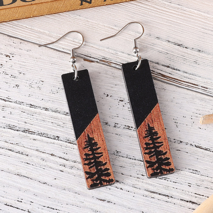 Wholesale Pine Tree Star Moon Rectangular Geometric Pendant Earrings Women' s Wooden Double-Sided Earrings