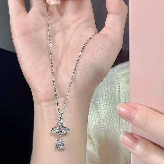 Wholesale   Saturn Necklace  Tears Diamond Pendant Necklace Women's Clavicle Chain