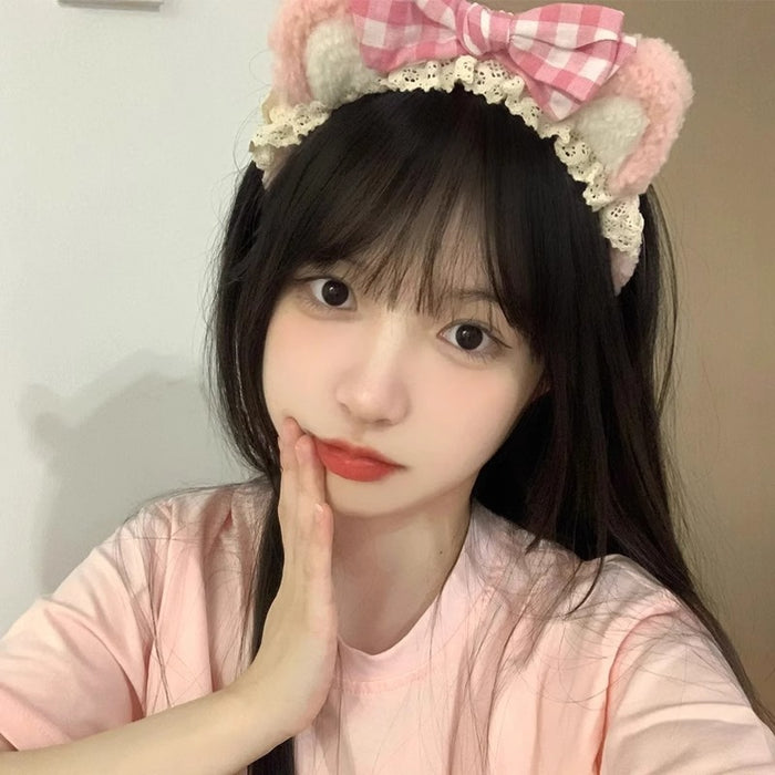 Wholesale Cute lace-trimmed bow bear ear plush headband