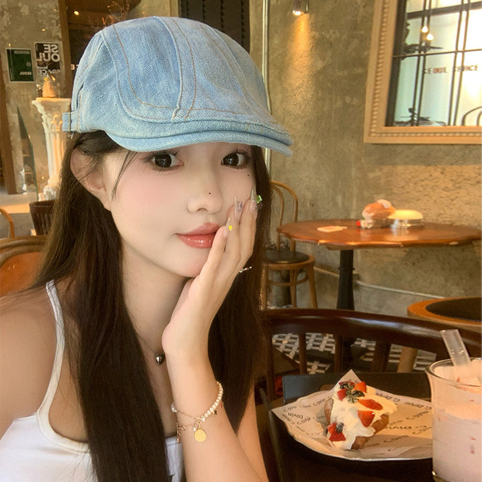 Wholesale Retro washed denim front versatile reverse ducktongue beret hat