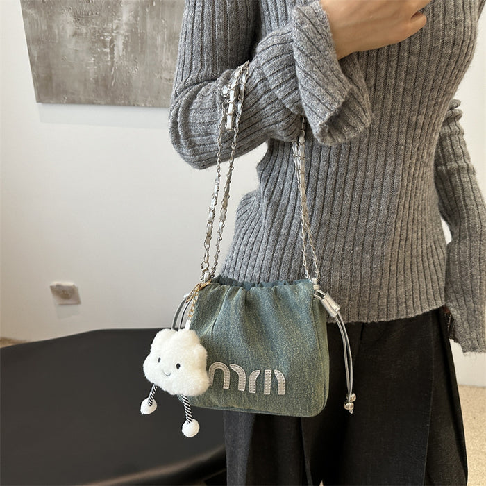 Wholesale Premium and niche canvas bag, chain crossbody bag, fashionable pleated bucket bag