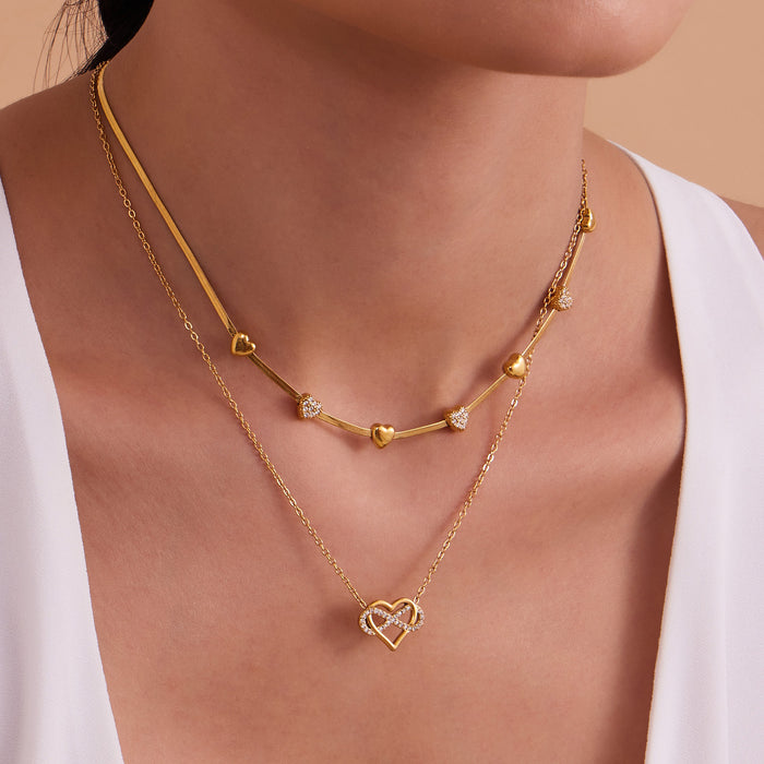Wholesale Full-Pavé Heart Layering Titanium Steel Necklace &  Bracelet Set