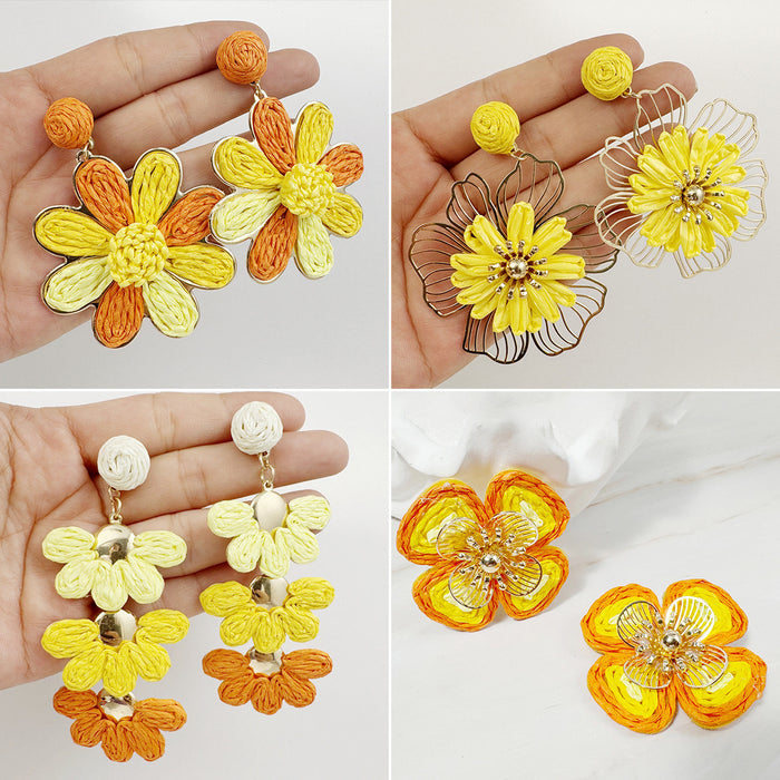 Wholesale Raffia Flower Earrings Summer Beach Style Fashion Accessory MOQ≥2