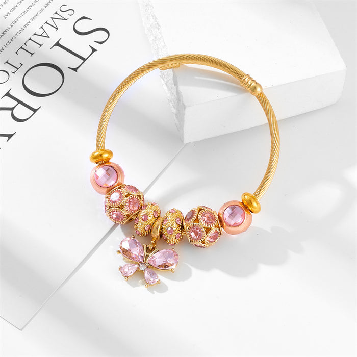 Wholesale Stainless steel butterfly bead bracelet with high-end feel and diamond inlaid pendant bracelet