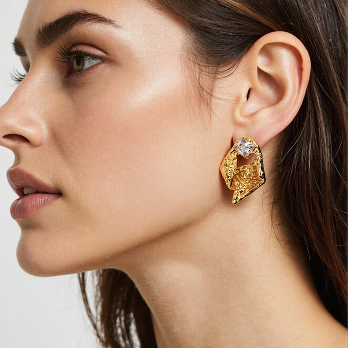 Wholesale Stainless Steel Earrings Asymmetrical Geometric Circle Earrings Workplace Accessible Luxury Pleated Semicircle Earrings with Diamonds