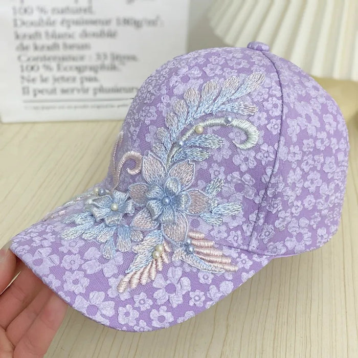 Wholesale Floral baseball cap, lace nail bead flower sunscreen hat, sunshade and breathable