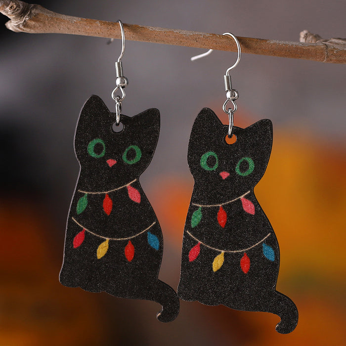 Wholesale Christmas Lights Black Cat Pendant Earrings