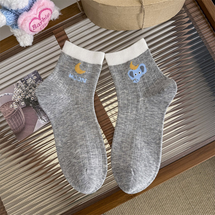 Wholesale Short tube cartoon socks, low cut cotton socks, mid tube socks, color blocked socks