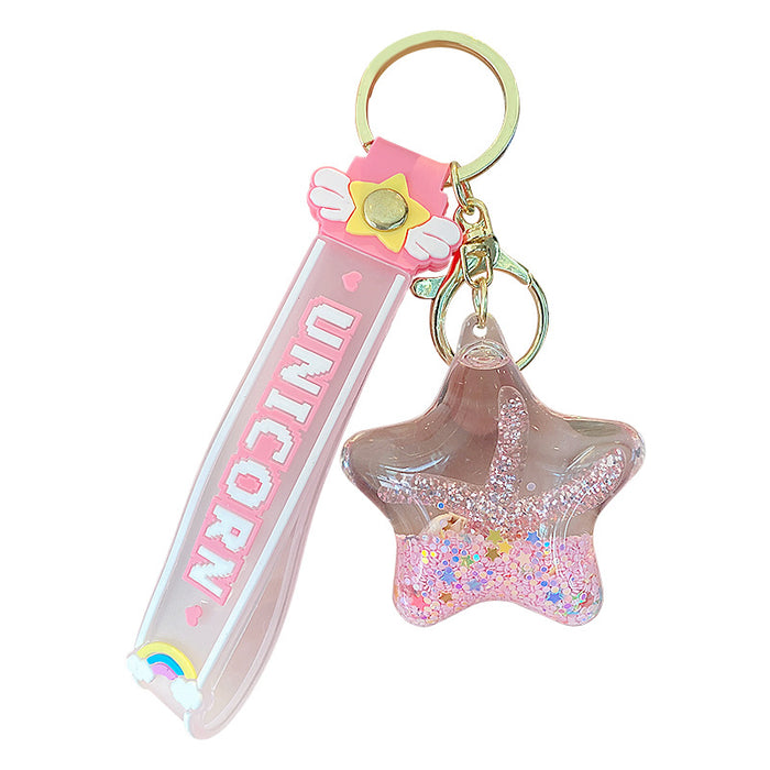 Wholesale Starfish Oil Flow Bottle Keychain Acrylic Pink Gift Bag Charm