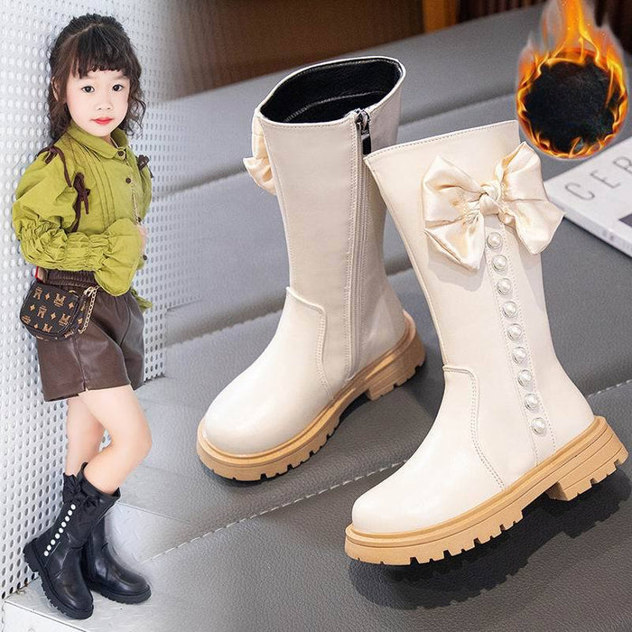 Wholesale A Pair/ Children's Fashionable Princess Bow Pearl and Velvet Warm High Top Cotton Boots JDC-KS-SB005