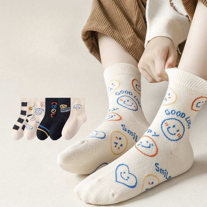 Wholesale Children's Smiling Face Combed Cotton Mid Tube Baby A-level Breathable Cotton Socks for Boys and Girls JDC-SK-SL009