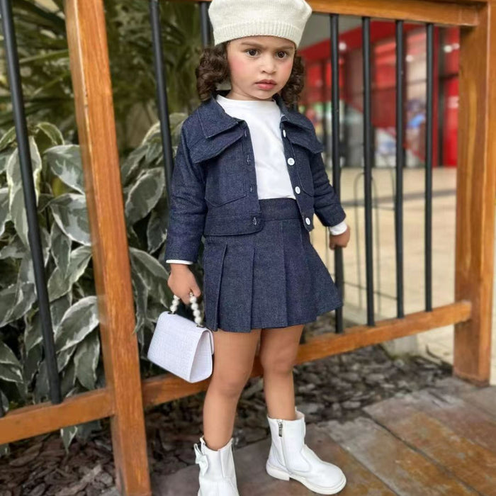 Wholesale Denim Skirt Preppy Style Long Sleeve Top Pleated Skirt Children's Set JDC-CTS-YaYaMi036