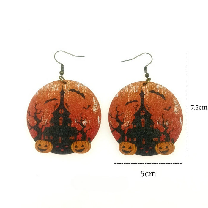 Wholesale Halloween Wooden Printing Skull Bat Pumpkin Ghost Earrings JDC-ES-Yinxue006