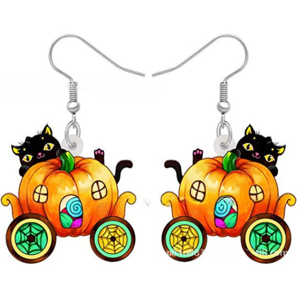 Wholesale Black Cat Pumpkin Halloween Acrylic Pendant Earrings JDC-ES-Yuhen002