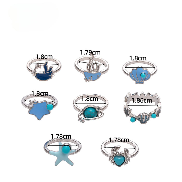 Wholesale Marine Life Oil Dripping Turquoise 9 Piece Set Alloy Ring JDC-RS-KeR003