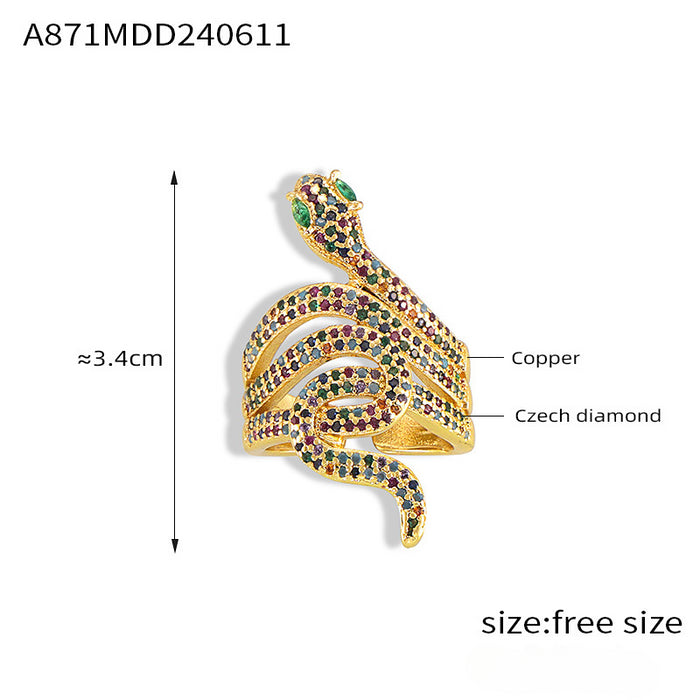 Wholesale Snake Shape Inlaid Colored Diamond Copper Material Open Ring JDC-RS-MiLi002