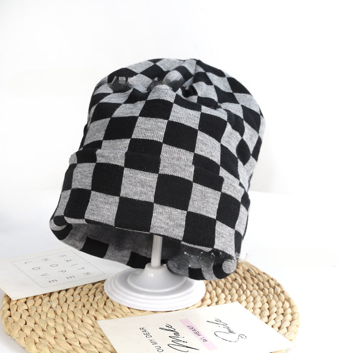 Wholesale Winter Checkerboard Curled Edge Knitted Hat JDC-FH-HongHong010