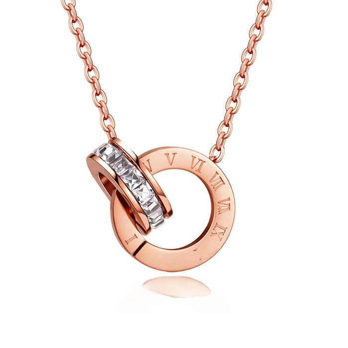 Wholesale Light luxury design collarbone chain simple and versatile Roman double ring necklace 18K rose gold titanium steel necklace accessories