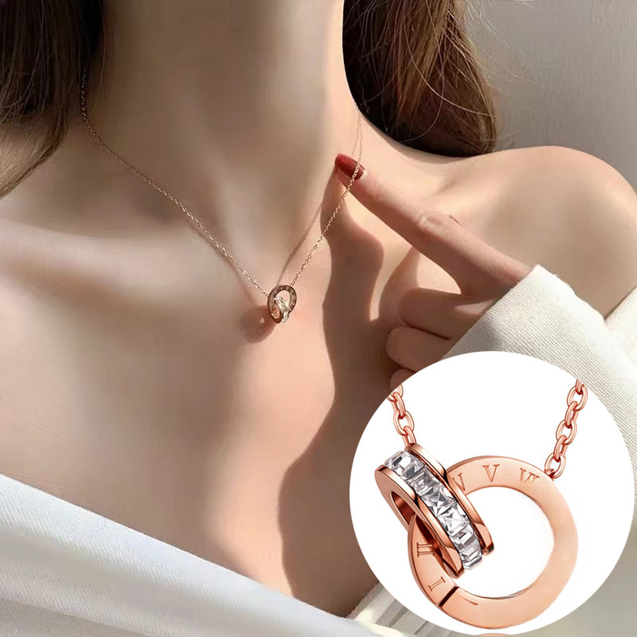 Wholesale Light luxury design collarbone chain simple and versatile Roman double ring necklace 18K rose gold titanium steel necklace accessories