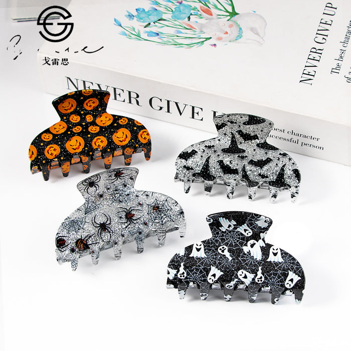 Wholesale Acrylic Claw Hair Clip With Bat Pumpkin Ghost Print Women S Fashion Accessory