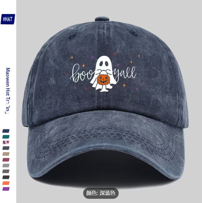 Wholesale Washed Distressed Black Baseball Cap  Ghost Print Soft Top Adjustable Unisex