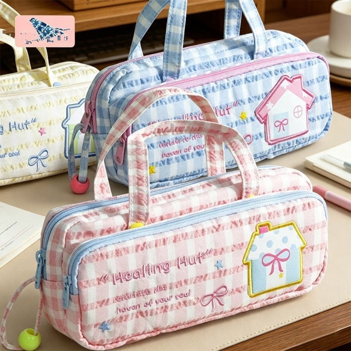 Wholesale Fabric Pencil Case Trendy Pink Plaid Face For School Girls
