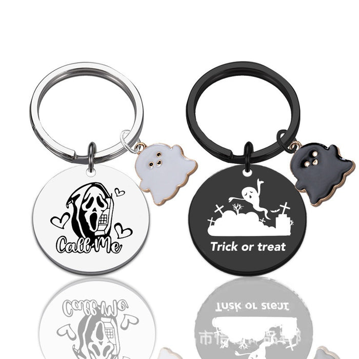 Wholesale  Ghost Stainless Steel Keychain Laser Engraved Round 30mm Gift for Couple Acce MOQ:2ssory