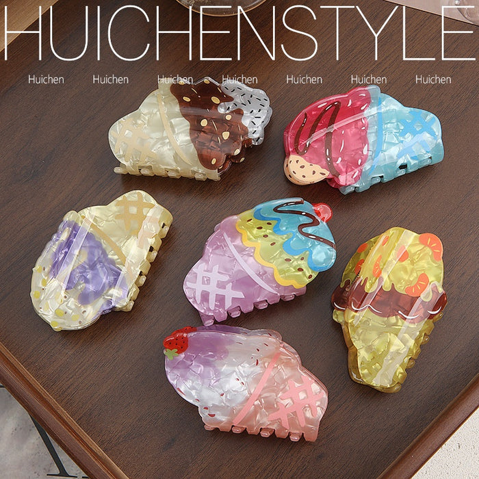 Wholesale PVC Cute Ice Cream Cone Claw Clip Colorful Cream Design Women S Hair Accessory Everyday Styling Gift