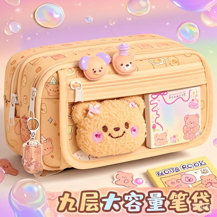 Wholesale Trendy Cute Pencil Case Large Capacity 9-Layer Flip with Butter Bear Design for Students stationery
