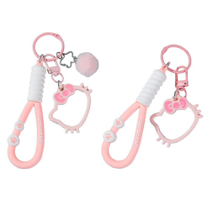 Wholesale PVC Cartoon Flower Wrist Strap Keychain With Cat Pendant And Pom Pom Cute DIY Bag Charm